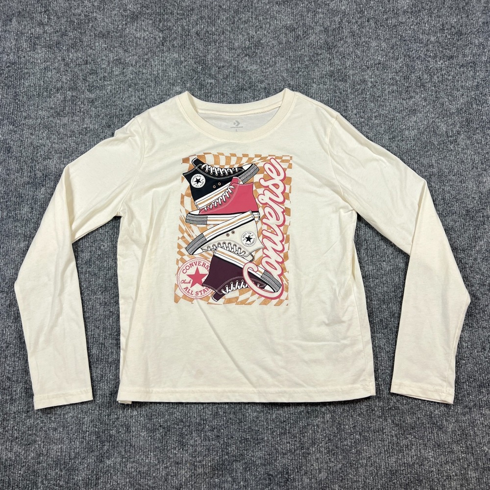 Converse T Shirt Kids Large 12-13 Beige Cotton Stacked Sneaker Graphic Print Y2k